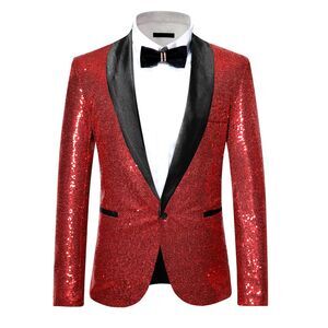 Sequin Sport Coats Shawl Lapel One Button Wedding Shiny Blazer Burgundy